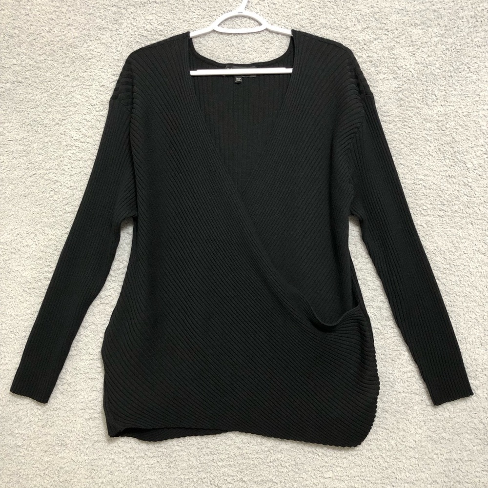 Eloquii Black Ribbed Wrap Front V-Neck Long Sleeve Sweater Plus Size 26/28